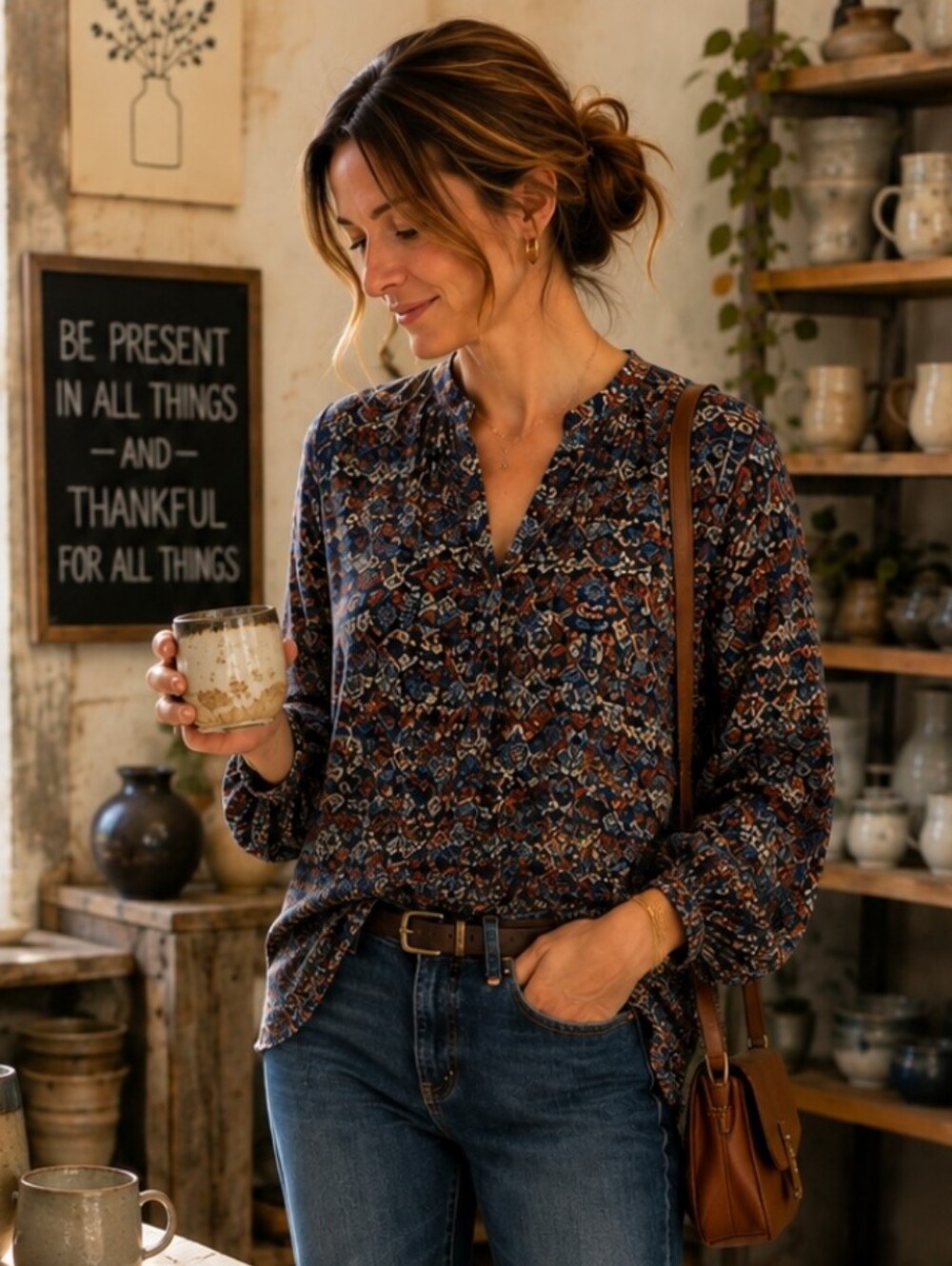 Boho Floral Print Button-Front Blouse - Navy Multi